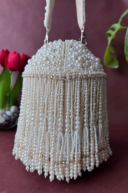 Buy_Nayaab By Sonia_White Embroidery, Tassels Pearl Polti Bag _Online_at_Aza_Fashions