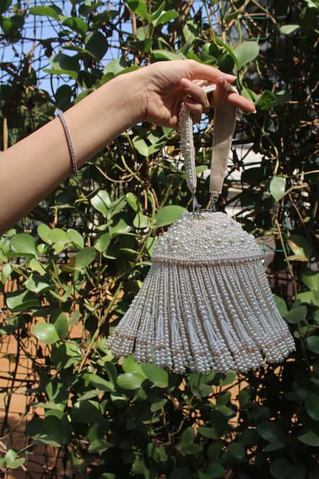 Shop_Nayaab By Sonia_White Embroidery, Tassels Pearl Polti Bag _Online_at_Aza_Fashions