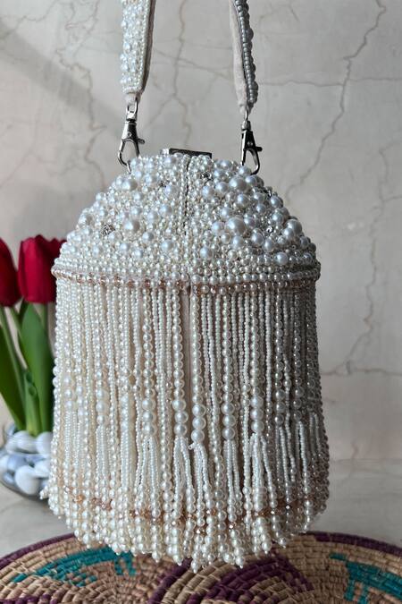 Nayaab By Sonia_White Embroidery, Tassels Pearl Polti Bag _at_Aza_Fashions