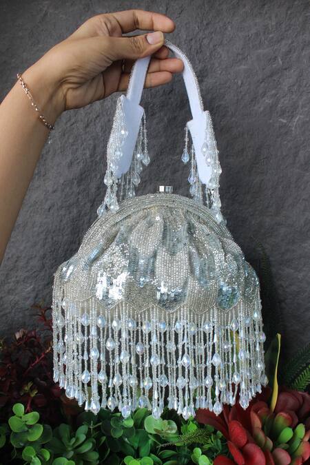 Nayaab By Sonia_Silver Embroidery Suede Clutch With Handle _Online_at_Aza_Fashions