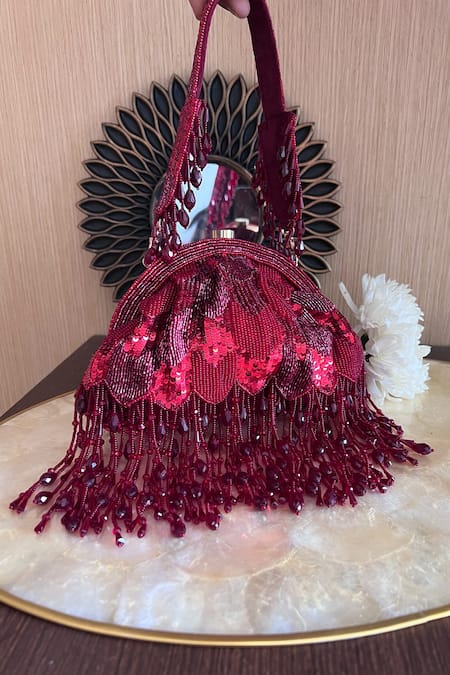 Shop Nayaab By Sonia Maroon Embroidery, Sequins Suede Clutch at Aza Fashions Shop_Nayaab By Sonia_Maroon Embroidery, Sequins Suede Clutch _at_Aza_Fashions