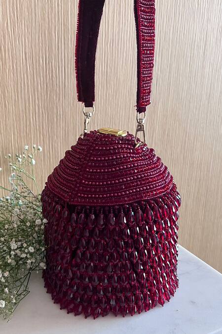 Nayaab By Sonia Maroon Embroidery, Beads Suede Polti Bag With Handle Online at Aza Fashions Nayaab By Sonia_Maroon Embroidery, Beads Suede Polti Bag With Handle _Online_at_Aza_Fashions