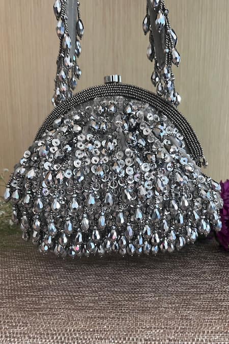 Shop Nayaab By Sonia Silver Embroidery Silk Clutch With Handle at Aza Fashions Shop_Nayaab By Sonia_Silver Embroidery Silk Clutch With Handle _at_Aza_Fashions