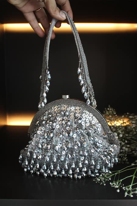 Buy Nayaab By Sonia Silver Embroidery Silk Clutch With Handle Online at Aza Fashions Buy_Nayaab By Sonia_Silver Embroidery Silk Clutch With Handle _Online_at_Aza_Fashions