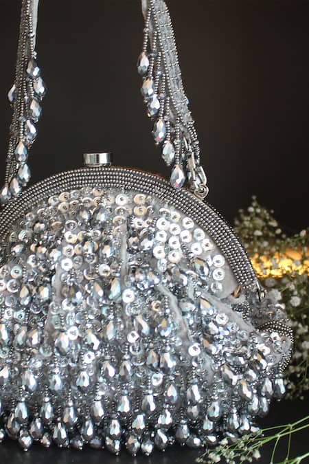 Shop Nayaab By Sonia Silver Embroidery Silk Clutch With Handle Online at Aza Fashions Shop_Nayaab By Sonia_Silver Embroidery Silk Clutch With Handle _Online_at_Aza_Fashions