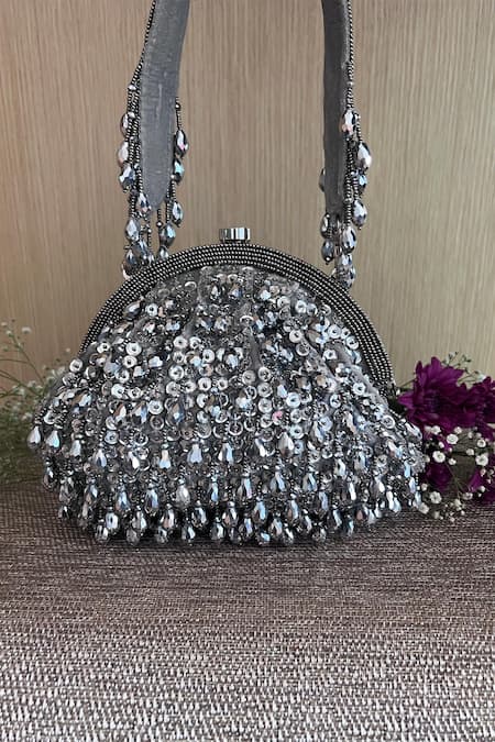 Nayaab By Sonia Silver Embroidery Silk Clutch With Handle at Aza Fashions Nayaab By Sonia_Silver Embroidery Silk Clutch With Handle _at_Aza_Fashions