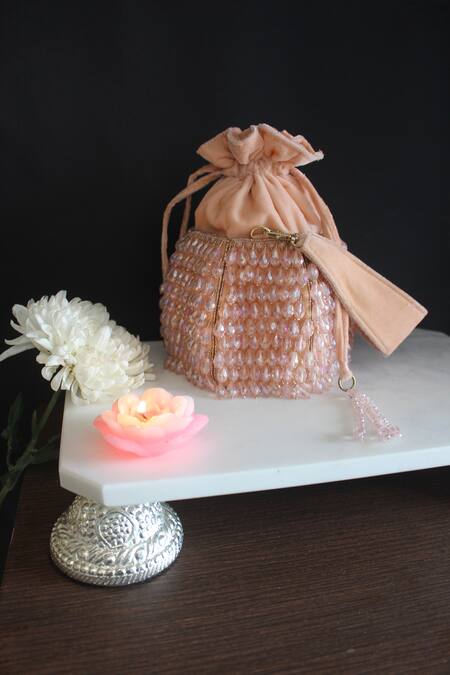 Nayaab By Sonia_Peach Beads Velvet Embroidered Polti Bag With Handle_Online_at_Aza_Fashions