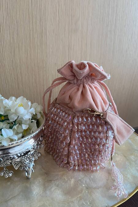 Buy_Nayaab By Sonia_Peach Beads Velvet Embroidered Polti Bag With Handle_Online_at_Aza_Fashions
