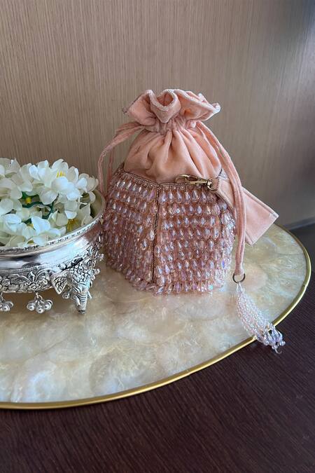Shop_Nayaab By Sonia_Peach Beads Velvet Embroidered Polti Bag With Handle_Online_at_Aza_Fashions