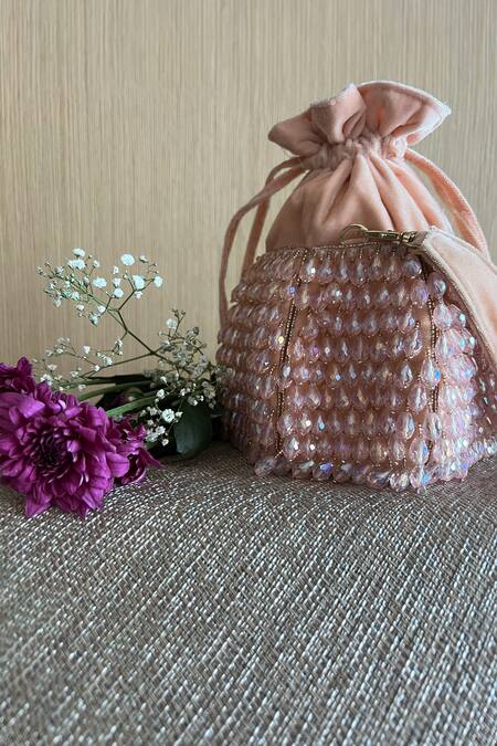 Nayaab By Sonia_Peach Beads Velvet Embroidered Polti Bag With Handle_at_Aza_Fashions