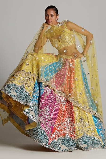 Angad Singh Multi Color Raw Silk Embroidered Mughal Sweetheart Neck Lehenga Set