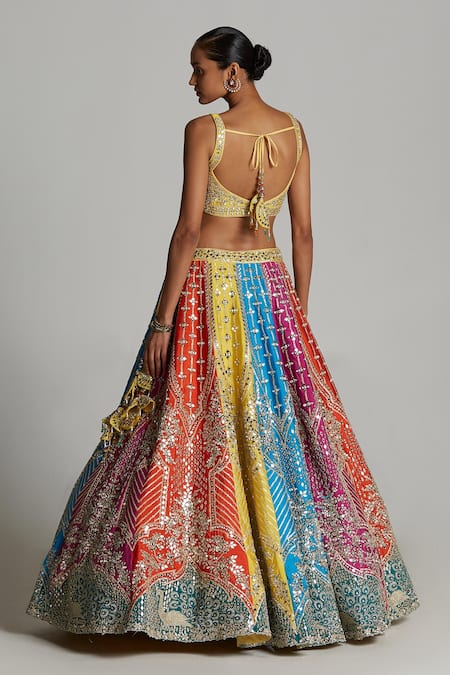 Angad Singh Multi Color Raw Silk Birds, Mughal Sweetheart Neck Embroidered Lehenga Set Online at Aza Fashions Angad Singh_Multi Color Raw Silk Birds, Mughal Sweetheart Neck Embroidered Lehenga Set _Online_at_Aza_Fashions