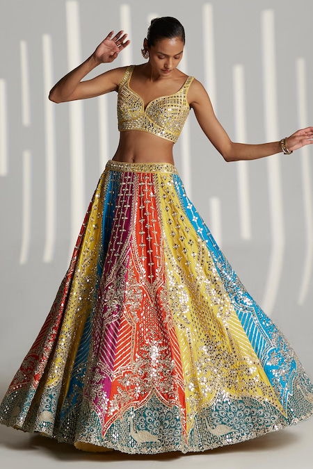 Buy_Angad Singh_Multi Color Raw Silk Birds, Mughal Sweetheart Neck Embroidered Lehenga Set _Online_at_Aza_Fashions