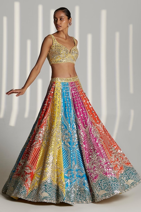 Shop_Angad Singh_Multi Color Raw Silk Birds, Mughal Sweetheart Neck Embroidered Lehenga Set _Online_at_Aza_Fashions