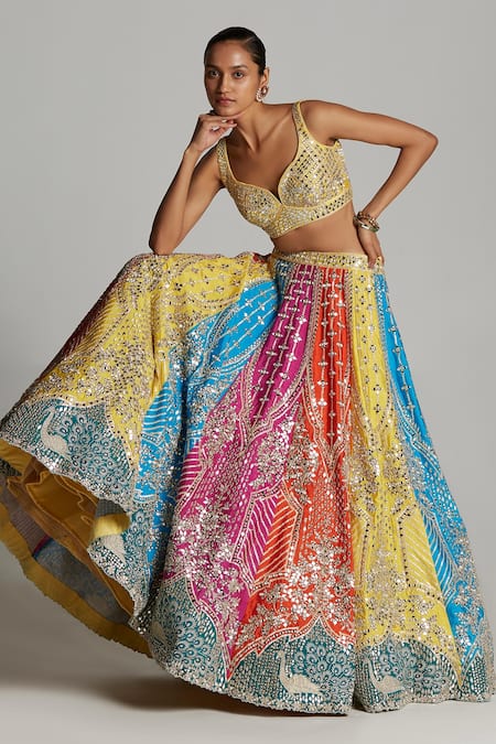 Angad Singh Multi Color Raw Silk Birds, Mughal Sweetheart Neck Embroidered Lehenga Set at Aza Fashions Angad Singh_Multi Color Raw Silk Birds, Mughal Sweetheart Neck Embroidered Lehenga Set _at_Aza_Fashions