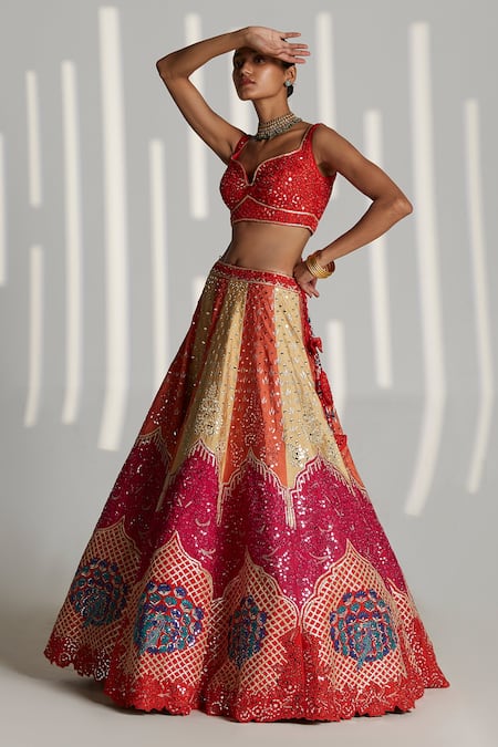 Angad Singh Multi Color Raw Silk Floral Sweetheart Neck Embroidered Lehenga Set at Aza Fashions Angad Singh_Multi Color Raw Silk Floral Sweetheart Neck Embroidered Lehenga Set _at_Aza_Fashions