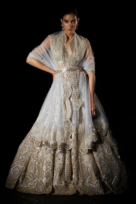 Angad Singh Grey Organza Embroidered Geometric V Neck Bridal Lehenga Set 