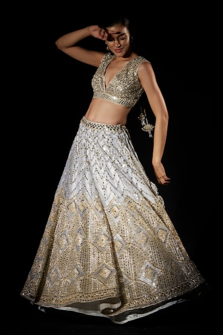 Shop_Angad Singh_Grey Organza Geometric V Neck Embroidered Bridal Lehenga Set _Online_at_Aza_Fashions