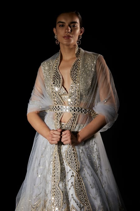 Angad Singh_Grey Organza Geometric V Neck Embroidered Bridal Lehenga Set _at_Aza_Fashions