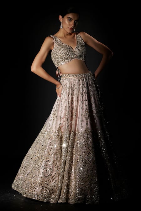 Shop_Angad Singh_Peach Organza Geometric V Neck Embroidered Bridal Lehenga Set _at_Aza_Fashions