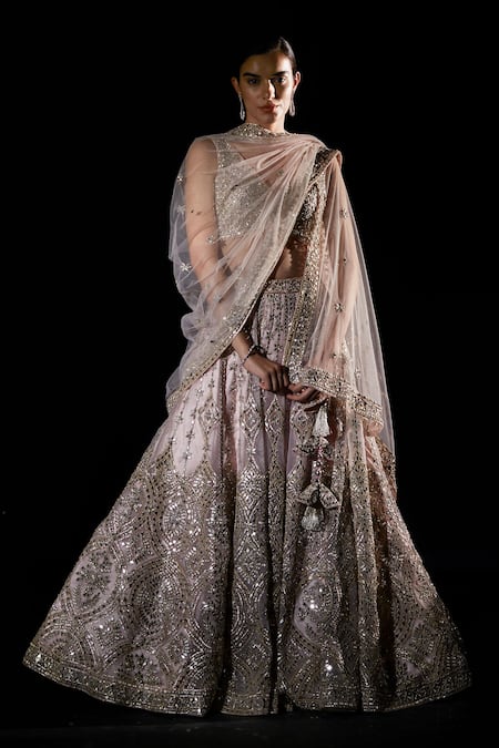 Buy_Angad Singh_Peach Organza Geometric V Neck Embroidered Bridal Lehenga Set _Online_at_Aza_Fashions