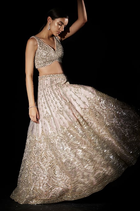 Shop_Angad Singh_Peach Organza Geometric V Neck Embroidered Bridal Lehenga Set _Online_at_Aza_Fashions