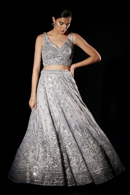 Angad Singh Grey Organza Geometric V Neck Embroidered Bridal Lehenga Set Online at Aza Fashions Angad Singh_Grey Organza Geometric V Neck Embroidered Bridal Lehenga Set _Online_at_Aza_Fashions