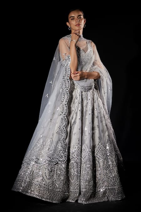 Buy Angad Singh Grey Organza Geometric V Neck Embroidered Bridal Lehenga Set Online at Aza Fashions Buy_Angad Singh_Grey Organza Geometric V Neck Embroidered Bridal Lehenga Set _Online_at_Aza_Fashions