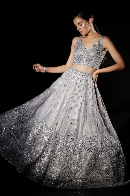 Shop Angad Singh Grey Organza Geometric V Neck Embroidered Bridal Lehenga Set Online at Aza Fashions Shop_Angad Singh_Grey Organza Geometric V Neck Embroidered Bridal Lehenga Set _Online_at_Aza_Fashions