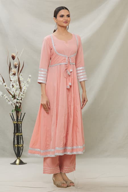Naintara Bajaj Peach Cotton, Chanderi Silk Gota Patti Split V-neck Work Anarkali Set Online at Aza Fashions Naintara Bajaj_Peach Cotton, Chanderi Silk Gota Patti Split V-neck Work Anarkali Set_Online_at_Aza_Fashions