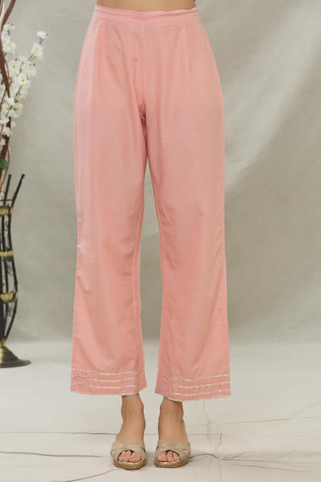 Shop Naintara Bajaj Peach Cotton, Chanderi Silk Gota Patti Split V-neck Work Anarkali Set Online at Aza Fashions Shop_Naintara Bajaj_Peach Cotton, Chanderi Silk Gota Patti Split V-neck Work Anarkali Set_Online_at_Aza_Fashions