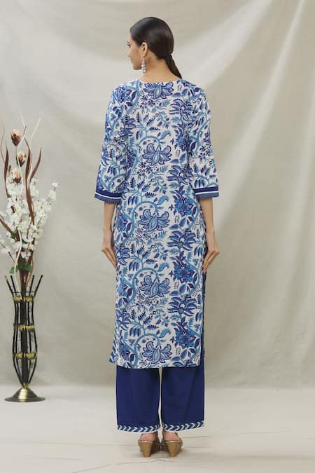 Shop_Samyukta Singhania_Blue Cotton, Kota Doria Lace Split V-neck Floral Printed Kurta Set With Dupatta_at_Aza_Fashions
