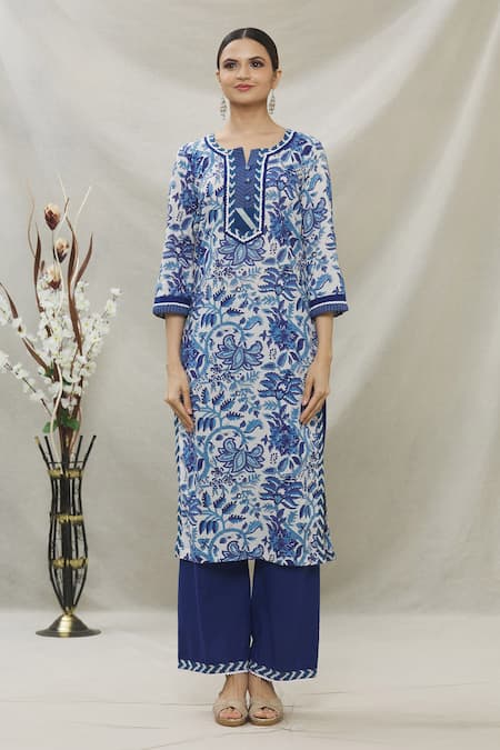 Buy_Samyukta Singhania_Blue Cotton, Kota Doria Lace Split V-neck Floral Printed Kurta Set With Dupatta_Online_at_Aza_Fashions