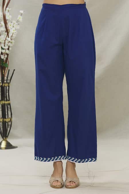 Shop_Samyukta Singhania_Blue Cotton, Kota Doria Lace Split V-neck Floral Printed Kurta Set With Dupatta_Online_at_Aza_Fashions