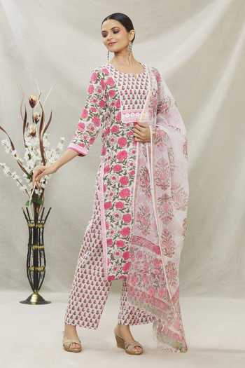 Samyukta Singhania_Pink Cotton Floral Print Kurta Set_Online_at_Aza_Fashions