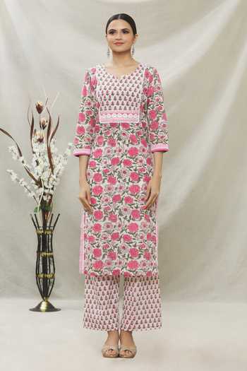 Buy_Samyukta Singhania_Pink Cotton Floral Print Kurta Set_Online_at_Aza_Fashions
