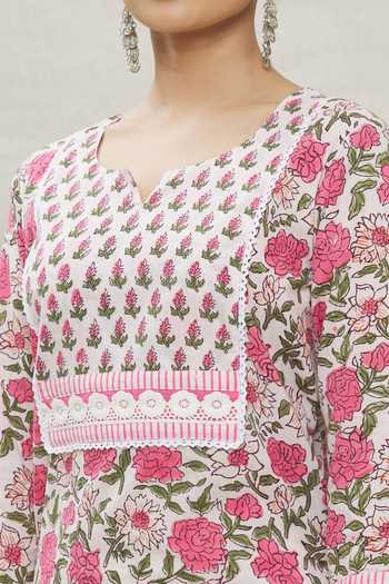 Samyukta Singhania_Pink Cotton Floral Print Kurta Set_at_Aza_Fashions
