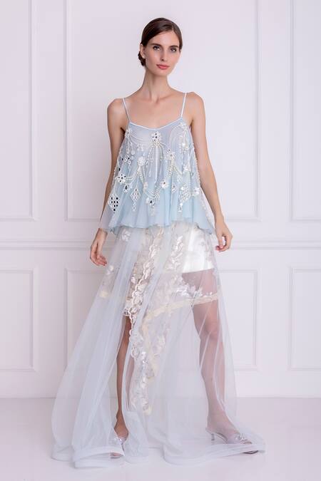 Dilnaz Blue Net And Viscose Georgette Embroidered Mirror Floral Hand Camisole Online at Aza Fashions Dilnaz_Blue Net And Viscose Georgette Embroidered Mirror Floral Hand Camisole _Online_at_Aza_Fashions