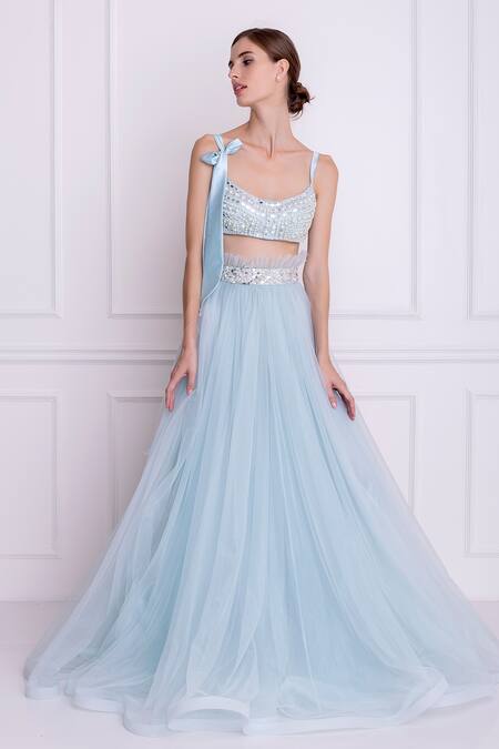Buy_DILNAZ_Blue Net And Polyester Satin Embellished Pearls Scoop Neck Bustier  _Online_at_Aza_Fashions