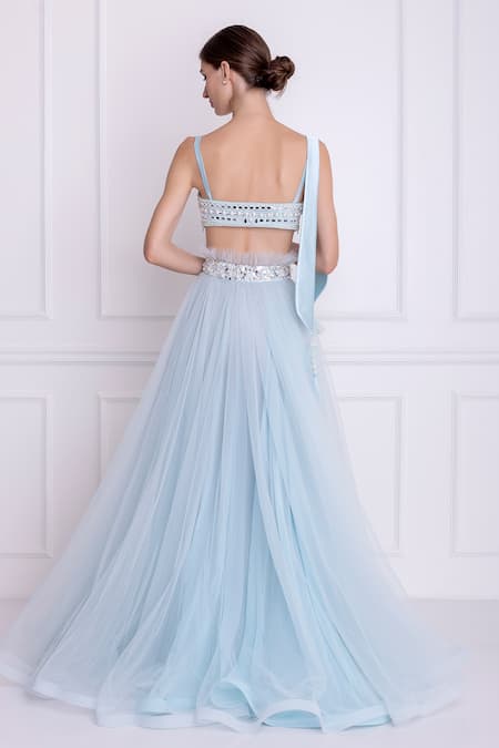 DILNAZ_Blue Net And Polyester Satin Embellished Pearls Scoop Neck Bustier  _Online_at_Aza_Fashions