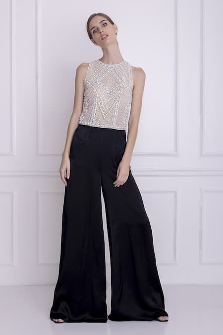 Dilnaz Black Net Embellished Pearls Round Hand Jumpsuit  