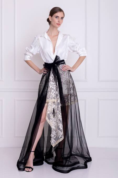 Dilnaz_Black Net, Blended Georgette And Polyester Satin, Lace Floral Motifs Draped Skirt_Online_at_Aza_Fashions