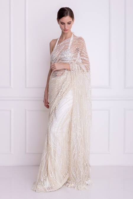 Buy_DILNAZ_White Net And Polyester Satin Sequins Embroidered Saree _Online_at_Aza_Fashions