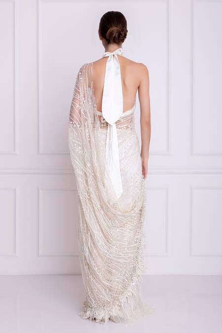 DILNAZ_White Net And Polyester Satin Sequins Embroidered Saree _Online_at_Aza_Fashions