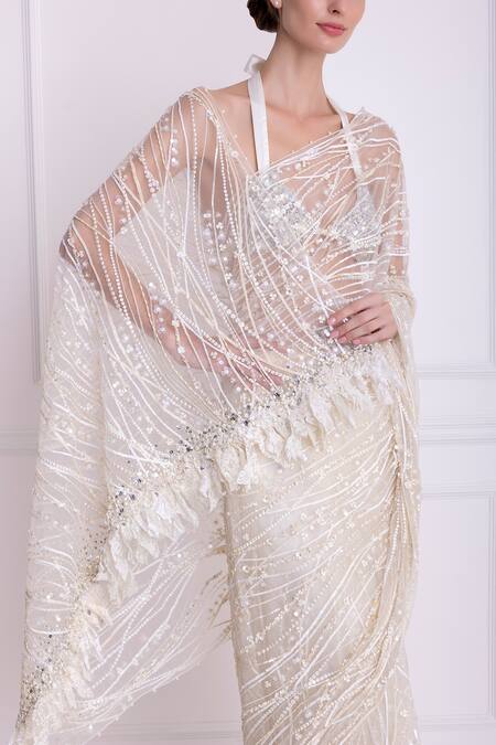 Shop_Dilnaz_White , Net And Polyester Diamonds Plunge Embellished Bikini Top_Online_at_Aza_Fashions