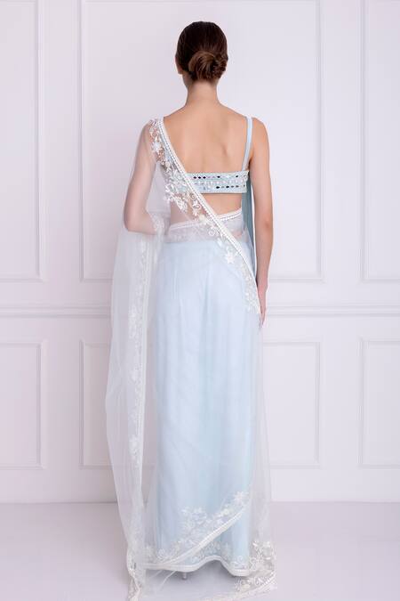 Dilnaz_Blue Net And Polyester Satin Floral Motifs Embroidered Border Saree _Online_at_Aza_Fashions