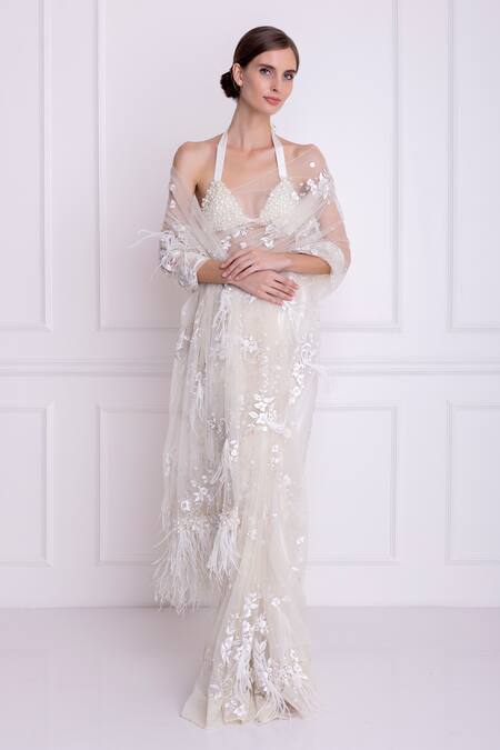 Dilnaz_White Net And Polyester Satin Floral Motifs Embroidered Saree_Online_at_Aza_Fashions