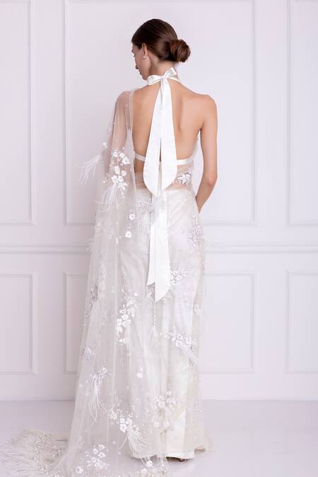 Shop_Dilnaz_White Net And Polyester Satin Floral Motifs Embroidered Saree_at_Aza_Fashions