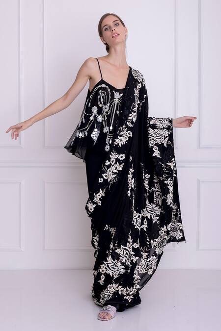 Dilnaz Black Net And Viscose Georgette Embellished Hand Embroidered Camisole  