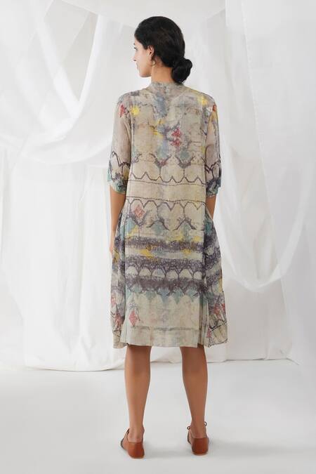Shop_Yavi_Grey 60% Cotton And 40% Silk Impressionist Insho Tunic  _at_Aza_Fashions